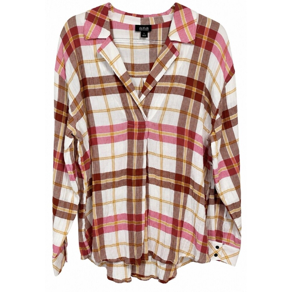 a.n.a. Women’s Large Plaid Tunic Blouse Pink Brown Mustard Cotton Fall Boho